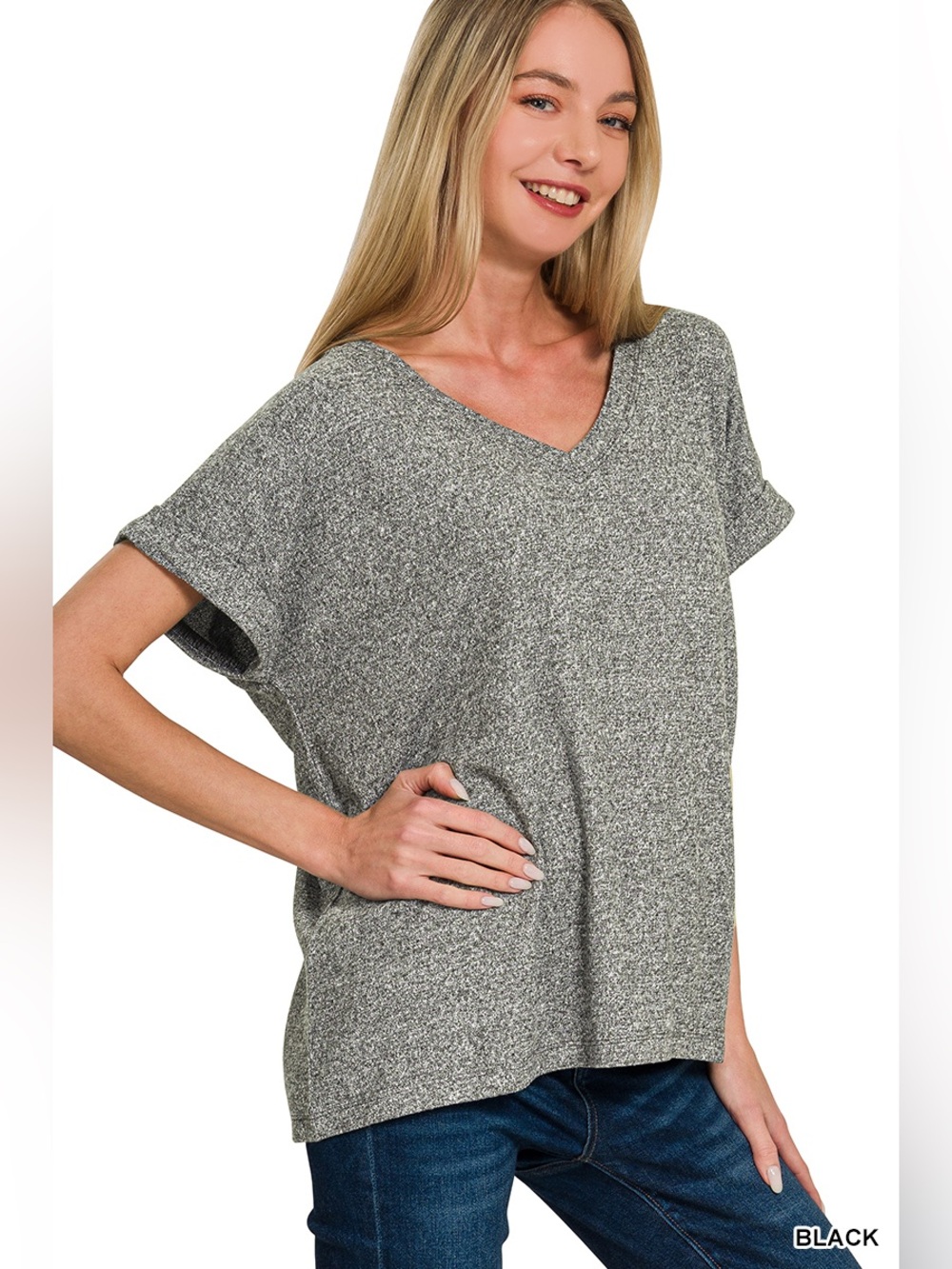 🆕 Zenana SOFT MELANGE HACCI V-NECK TEE - Picture 2 of 2